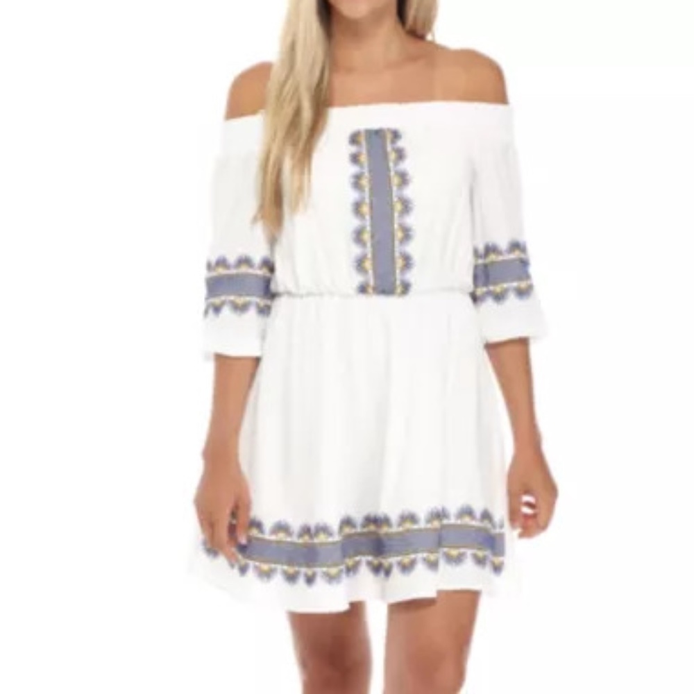 Kaari Blue White Blue Embroidered Off The Shoulder Swing Dress Size M NWOT